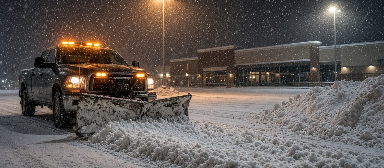 A dark pickup with amber lights and a front plow blade pushing snow across a parking lot at night, with tall pole lights, a storefront building and a snow pile behind it, in Minneapolis–St. Paul, Minnesota