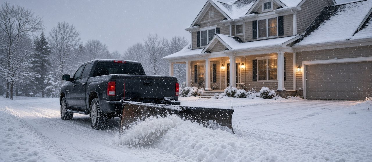 A dark pickup with a plow blade at its rear pushing snow down a driveway in front of a two-story house with lit windows and snow on the roof, in Minneapolis–St. Paul, Minnesota