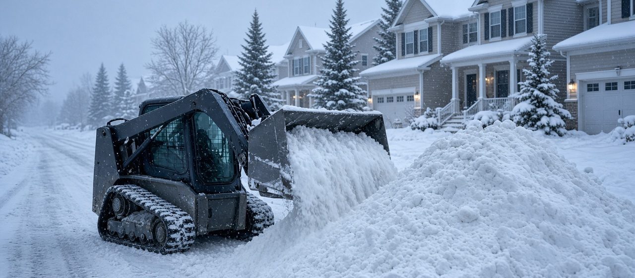 A tracked skid steer pushing snow into a tall pile beside a residential street lined with two-story houses and evergreen trees in falling snow, in Minneapolis–St. Paul, Minnesota