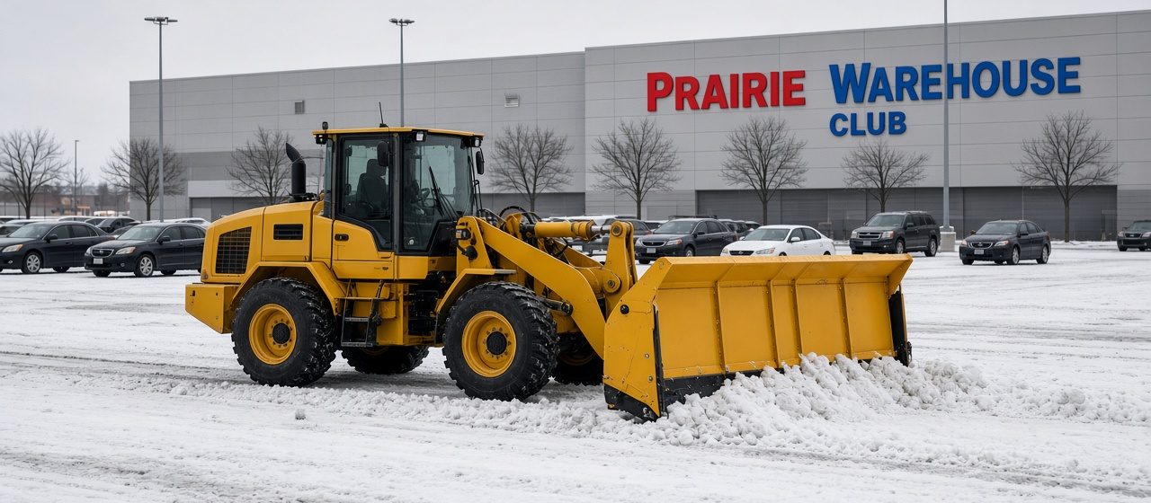 A yellow wheel loader with a yellow snow pusher clearing a snowy store parking lot, with parked cars and bare trees in front of a big warehouse store, in Minneapolis–St. Paul, Minnesota