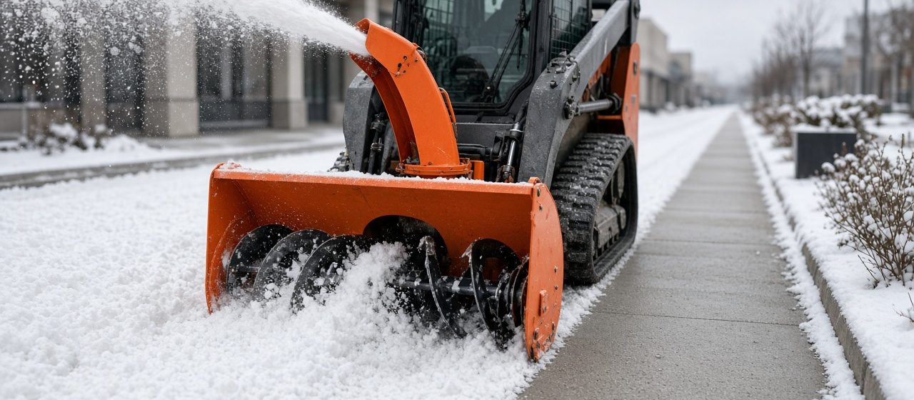 An orange snow blower attachment on a tracked loader throwing snow beside a long cleared sidewalk, in Minneapolis–St. Paul, Minnesota