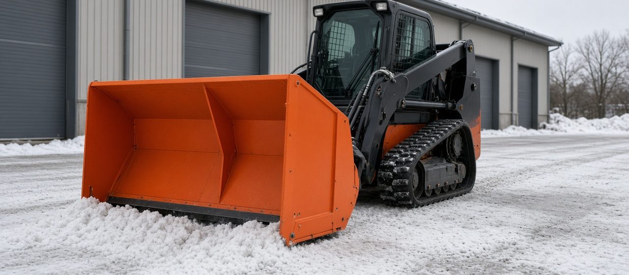 An orange snow pusher with tall side panels on a black tracked loader in front of a metal warehouse, in Minneapolis–St. Paul, Minnesota