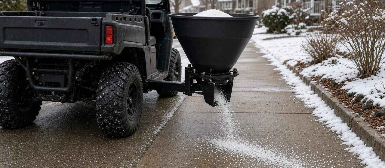 A black cone-shaped spreader on the back of a utility vehicle spreading salt on a sidewalk, in Minneapolis–St. Paul, Minnesota