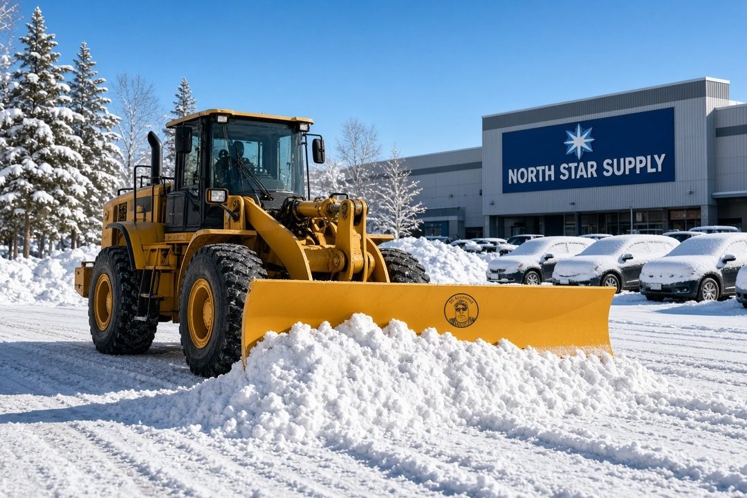 A yellow wheel loader with a DC Approved plow blade pushing a big pile of snow across a store parking lot, with snow-covered evergreen trees, snow-covered parked cars, a store building with a blue sign and a clear blue sky behind it, in Minneapolis–St. Paul, Minnesota