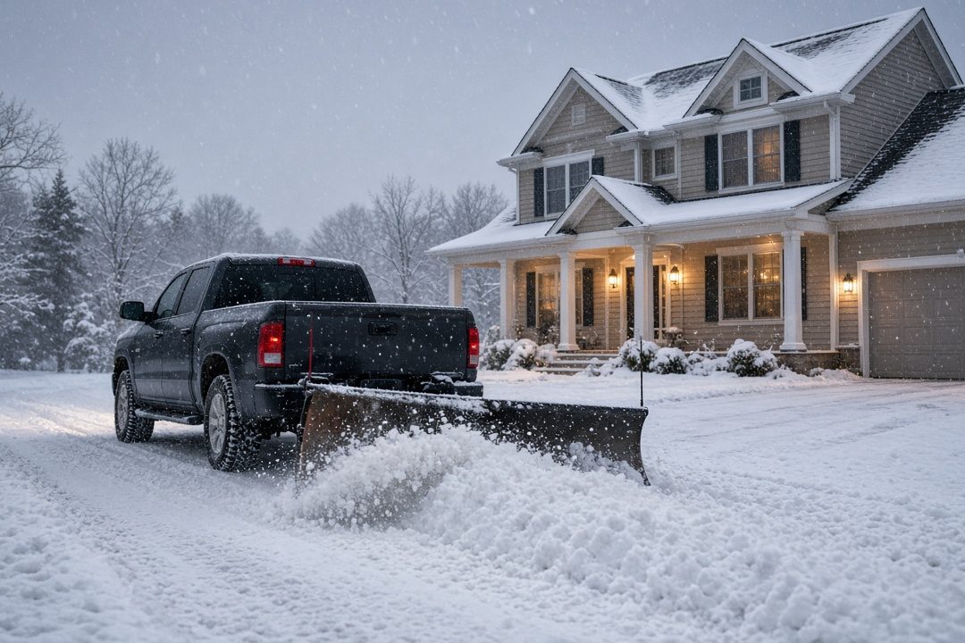 A dark pickup with a plow blade at its rear pushing snow down a driveway in front of a two-story house with lit windows and snow on the roof, in Minneapolis–St. Paul, Minnesota