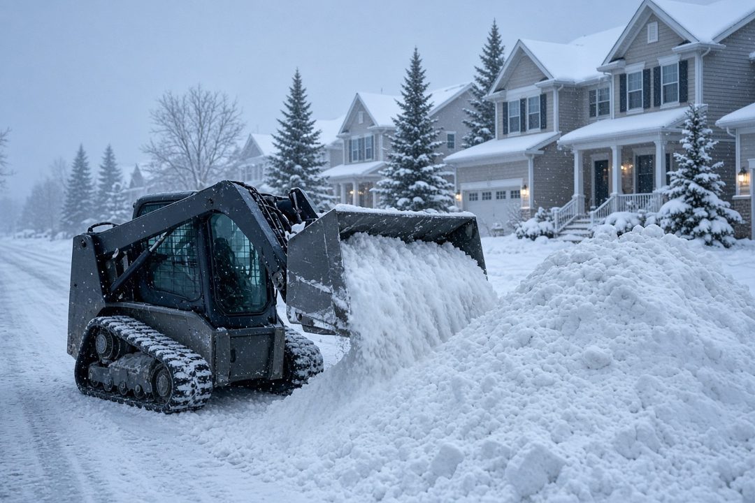 A tracked skid steer pushing snow into a tall pile beside a residential street lined with two-story houses and evergreen trees in falling snow, in Minneapolis–St. Paul, Minnesota