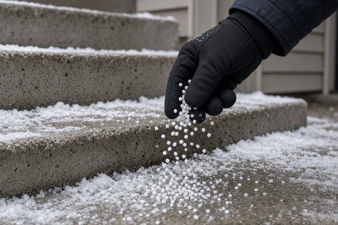 A gloved hand scattering white ice melt pellets onto snowy concrete steps, in Minneapolis–St. Paul, Minnesota