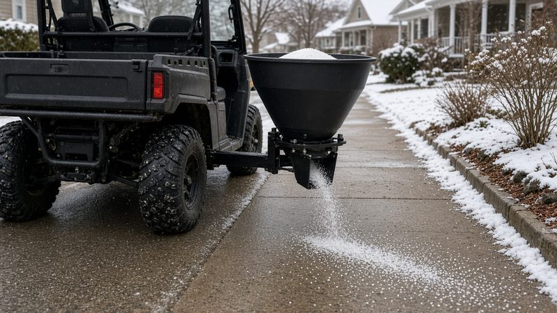 A black cone-shaped spreader on the back of a utility vehicle spreading salt on a sidewalk, in Minneapolis–St. Paul, Minnesota