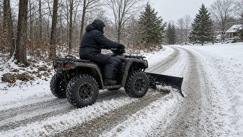 A rider on an ATV with a front plow blade clearing a snowy gravel lane through the woods, in Minneapolis–St. Paul, Minnesota