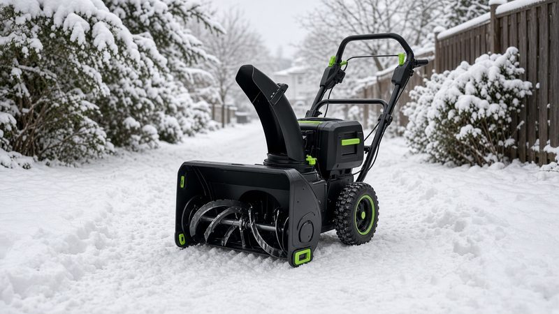 A black battery-powered two-stage snow blower with green trim on a snowy path between snow-covered shrubs and a fence, in Minneapolis–St. Paul, Minnesota