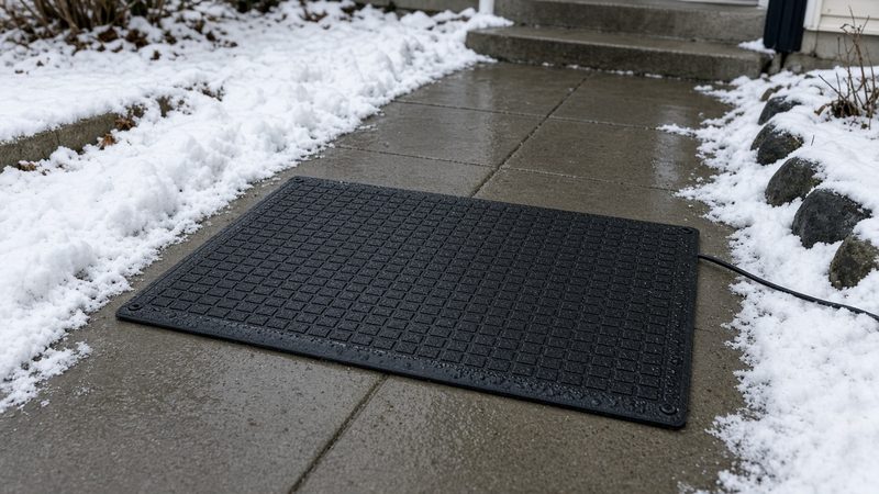 A black rubber mat on a wet, clear concrete walkway with snow on both sides and a cord running off the side, in Minneapolis–St. Paul, Minnesota