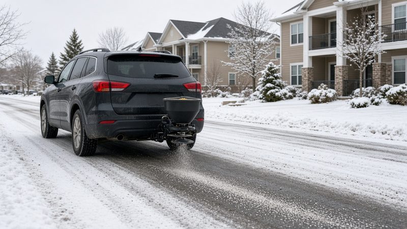 A dark SUV with a small black salt spreader on its rear hitch spreading salt on a snowy street by apartment buildings, in Minneapolis–St. Paul, Minnesota