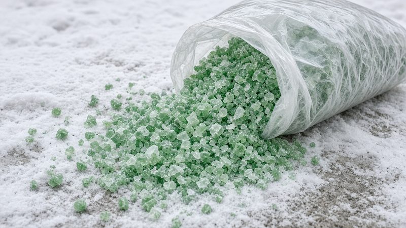 A clear bag of green ice melt crystals spilling onto snowy ground, in Minneapolis–St. Paul, Minnesota