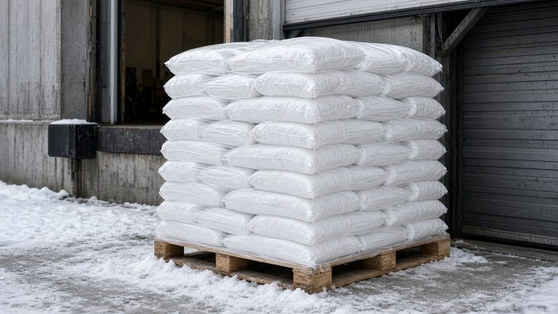 A wooden pallet stacked with plain white bags beside a loading dock door, in Minneapolis–St. Paul, Minnesota