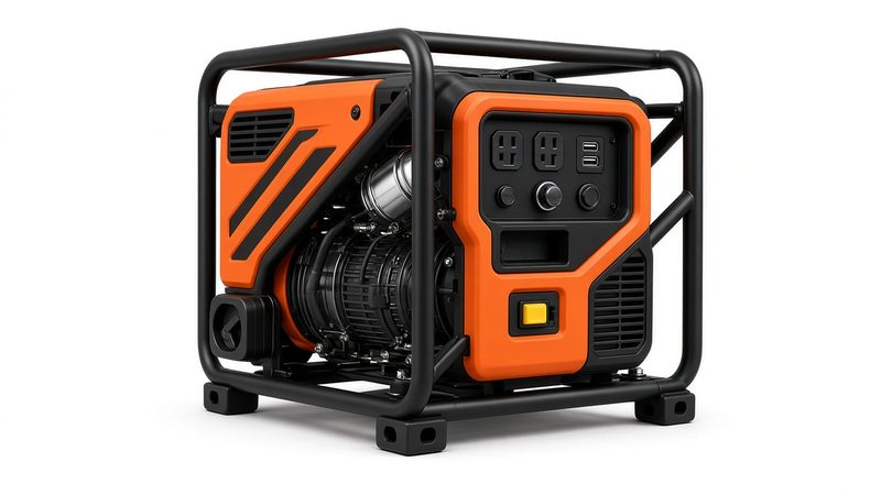 An orange and black open-frame inverter generator in a black tube frame, in Minneapolis–St. Paul, Minnesota