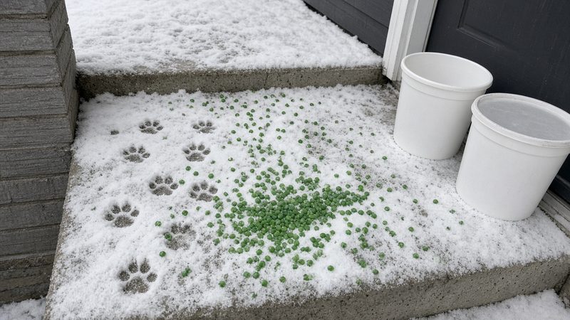 Green ice melt pellets and paw prints on a snowy front step, with two plain white tubs by the door, in Minneapolis–St. Paul, Minnesota