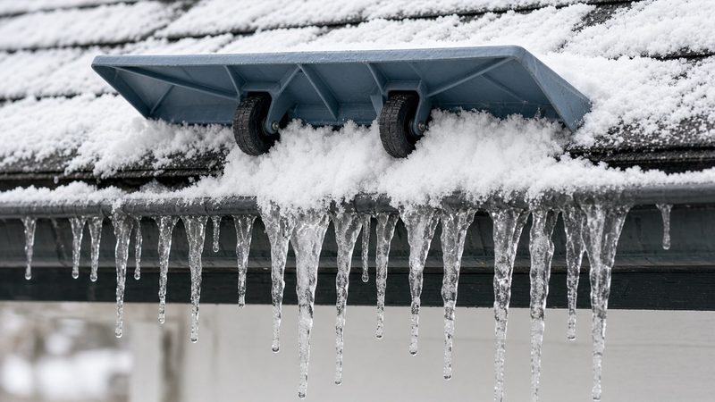 A blue-gray roof rake head with two wheels on a snowy roof edge above a row of icicles, in Minneapolis–St. Paul, Minnesota