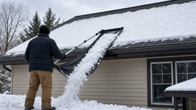 A person on the ground pulling a sheet of snow off a house roof with a long roof rake and fabric slide, in Minneapolis–St. Paul, Minnesota