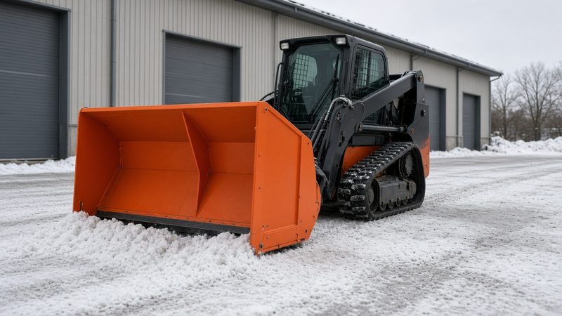An orange snow pusher with tall side panels on a black tracked loader in front of a metal warehouse, in Minneapolis–St. Paul, Minnesota
