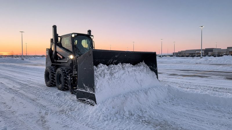 A black snow pusher box on a wheeled skid steer pushing snow across a big parking lot at dawn, in Minneapolis–St. Paul, Minnesota