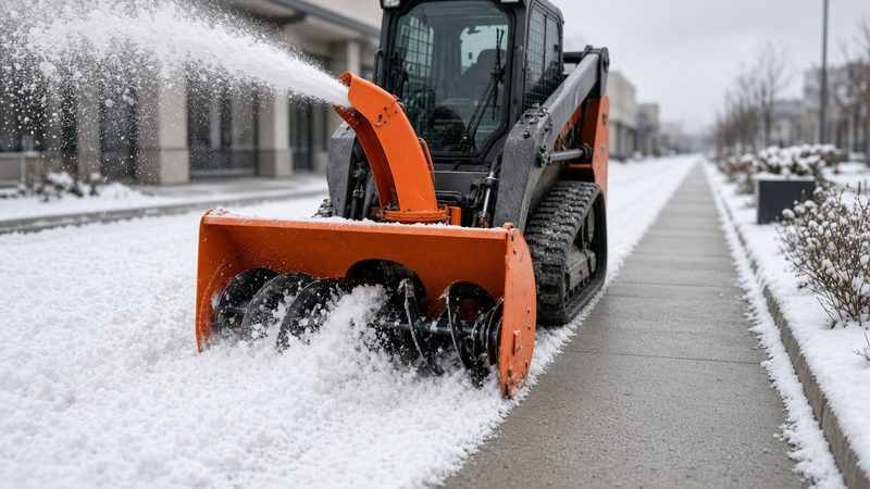 An orange snow blower attachment on a tracked loader throwing snow beside a long cleared sidewalk, in Minneapolis–St. Paul, Minnesota