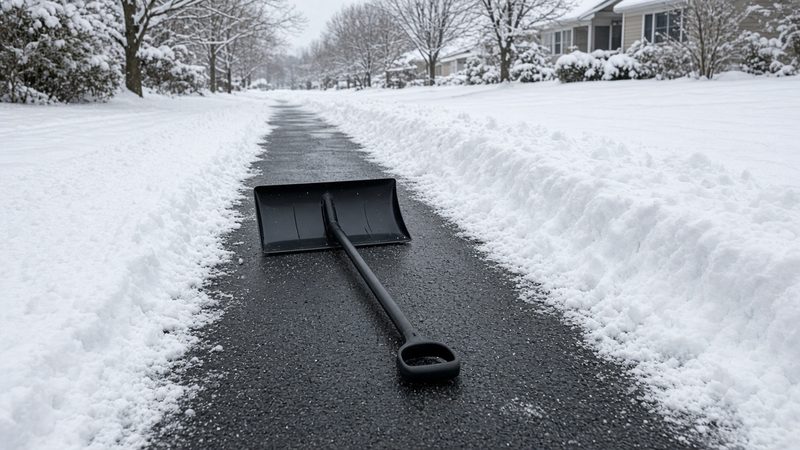 A black snow pusher lying on a freshly cleared strip of driveway between snowbanks, in Minneapolis–St. Paul, Minnesota