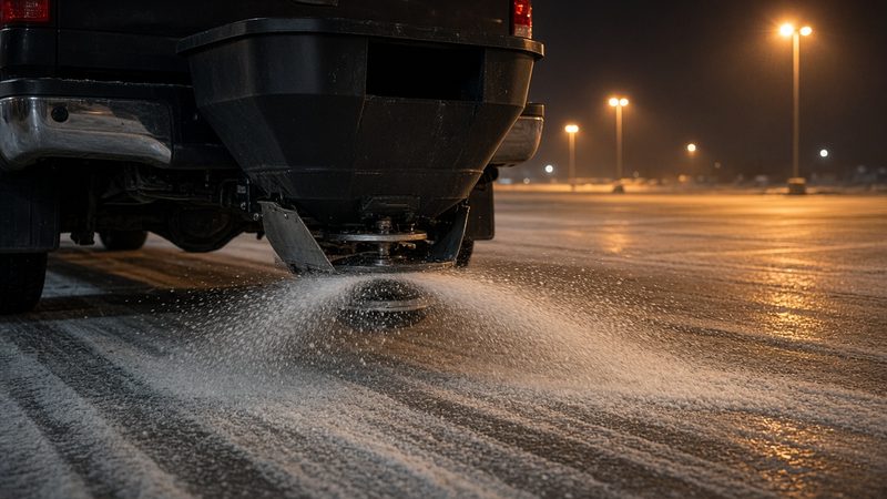 A black tailgate hopper on the back of a truck spreading salt across a parking lot at night, in Minneapolis–St. Paul, Minnesota