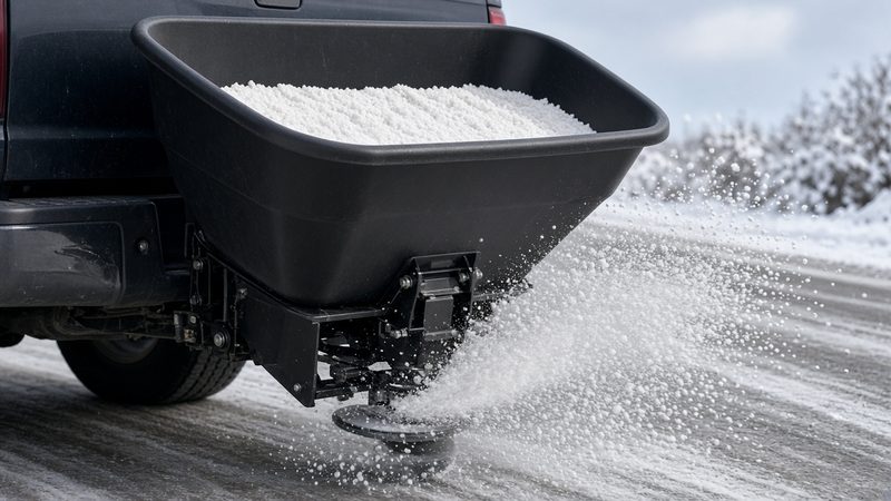 A black hopper full of salt on the back of a truck, with a spinner throwing salt onto a snowy road, in Minneapolis–St. Paul, Minnesota