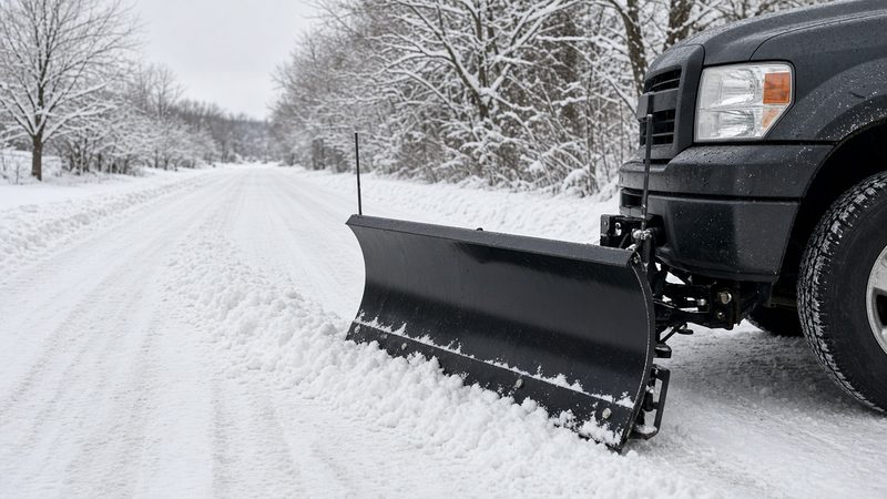 A black straight plow blade mounted on the front of a dark pickup on a snowy road, in Minneapolis–St. Paul, Minnesota