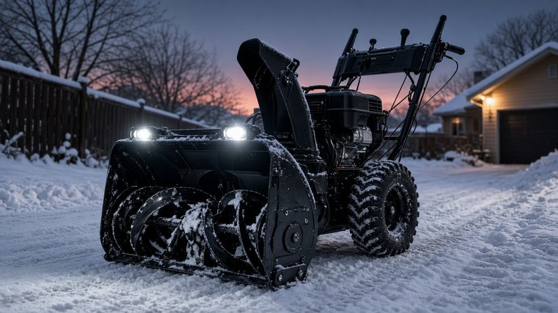 A black two-stage snow blower with its headlights on in a snowy driveway at dusk, in Minneapolis–St. Paul, Minnesota
