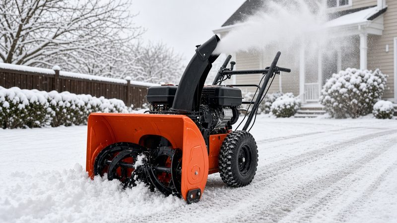 An orange two-stage snow blower throwing snow from its chute in a snowy front yard, in Minneapolis–St. Paul, Minnesota