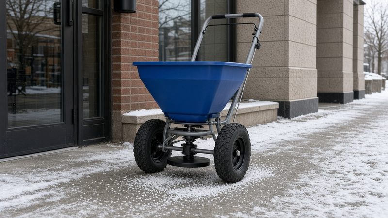 A blue walk-behind spreader with large tires on a salted storefront sidewalk, in Minneapolis–St. Paul, Minnesota